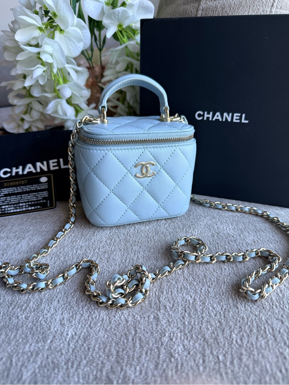 CHANEL Baby Blue Quilted Mini Vanity Top Handle Crossbody Bag with COA